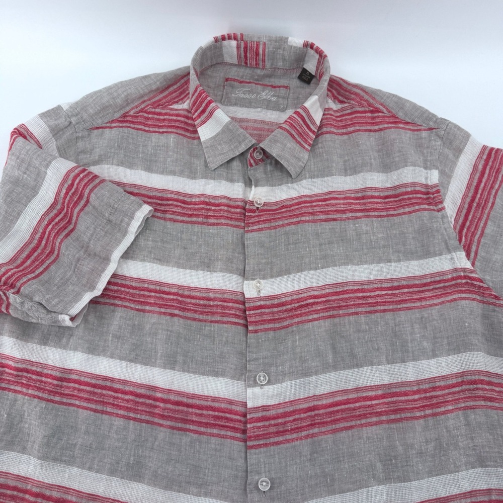 Tasso Elba 100% Linen Mens XL Short Sleeve Button Down Striped Shirt Grey Red